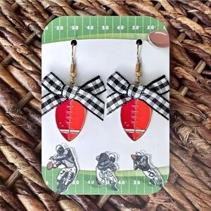 New Handmade Football Dangle Earrings with Buffalo Check Bows (1.8" l x 1.2" w)